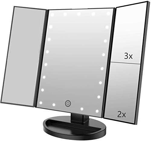 Trifold Makeup Mirror Vanity Mirror with Lights,1X 2X 3X Magnification,Touch Screen,180 Adjustable Rotation,Portable Travel Bathroom Cosmetic Mirror - Jlhbookstore.store