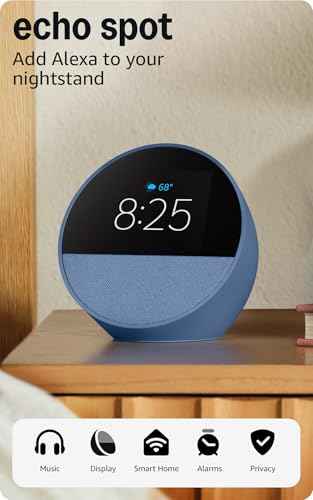 Amazon Echo Spot (newest model), Great for nightstands, offices and kitchens, Smart alarm clock with Alexa+ Early Access, Glacier White