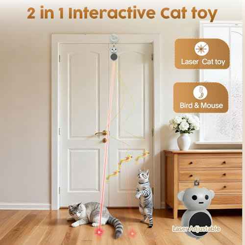 Interactive Cat Toys for Indoor Cats: 2 in 1 Laser Pointer Cat Toy with Automatic Flying Bird & Mouse Wand, Smart Motion Mode Adjustable Speed, USB Rechargeable Safe for Bored Kittens and Adult Cats