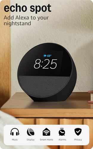 Amazon Echo Spot (newest model), Great for nightstands, offices and kitchens, Smart alarm clock with Alexa+ Early Access, Glacier White