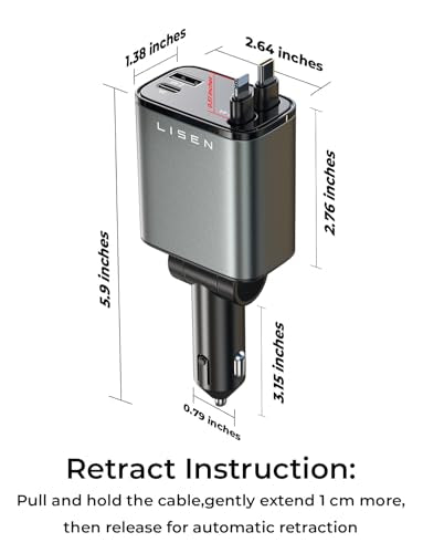 LISEN Retractable Car Charger, Gifts for Men Women, 69W Cars Adapter USB C Fast Charger for iPhoen 17, Car Accessories for Men Women, Gifts for Dad Mom, for iPhone 17 Pro Max Air 16 15 14 13 12 Plus