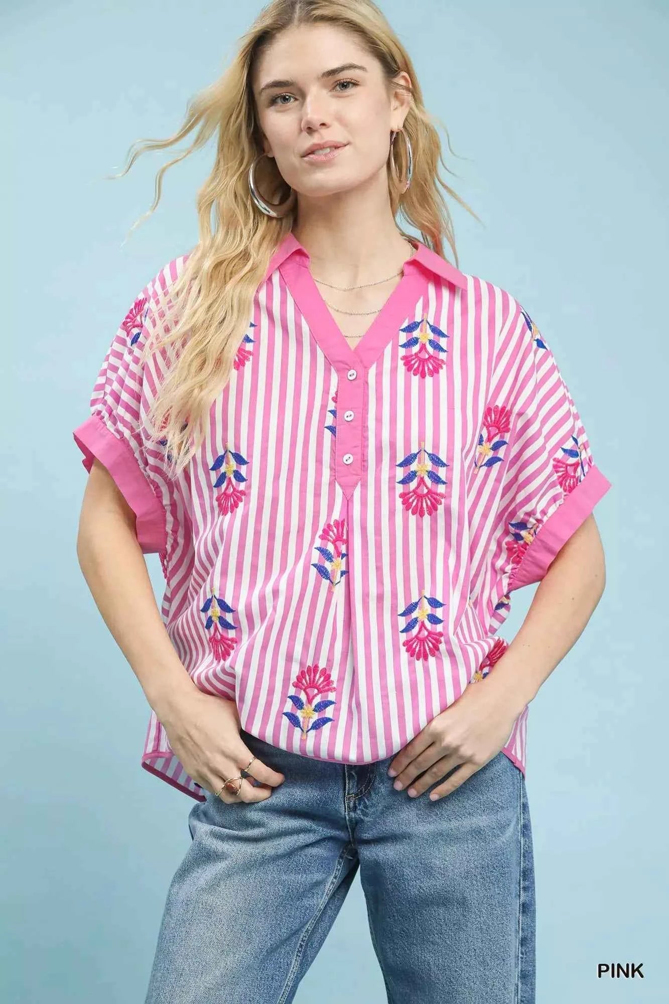 Umgee Stripe Embroidered Button-Front Boho Blouse