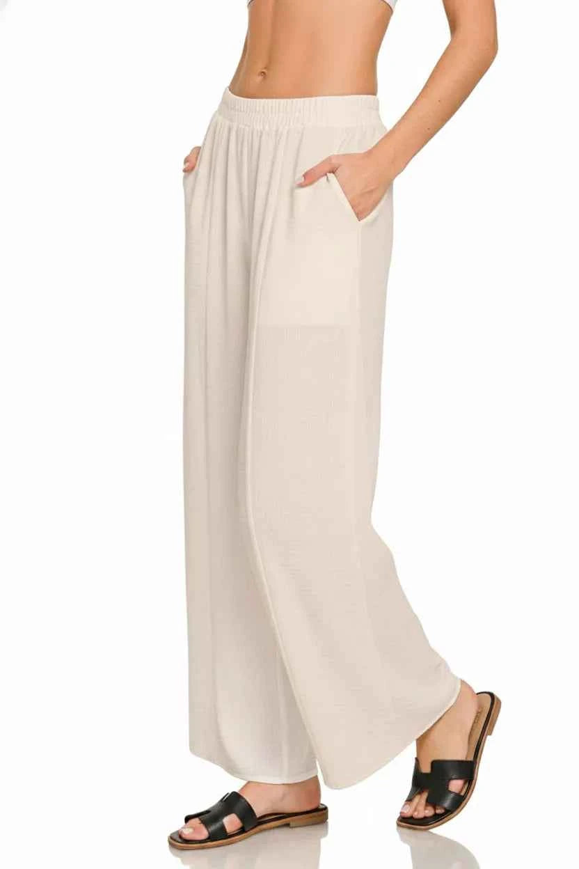 Zenana Woven Airflow Elastic Waistband Pants