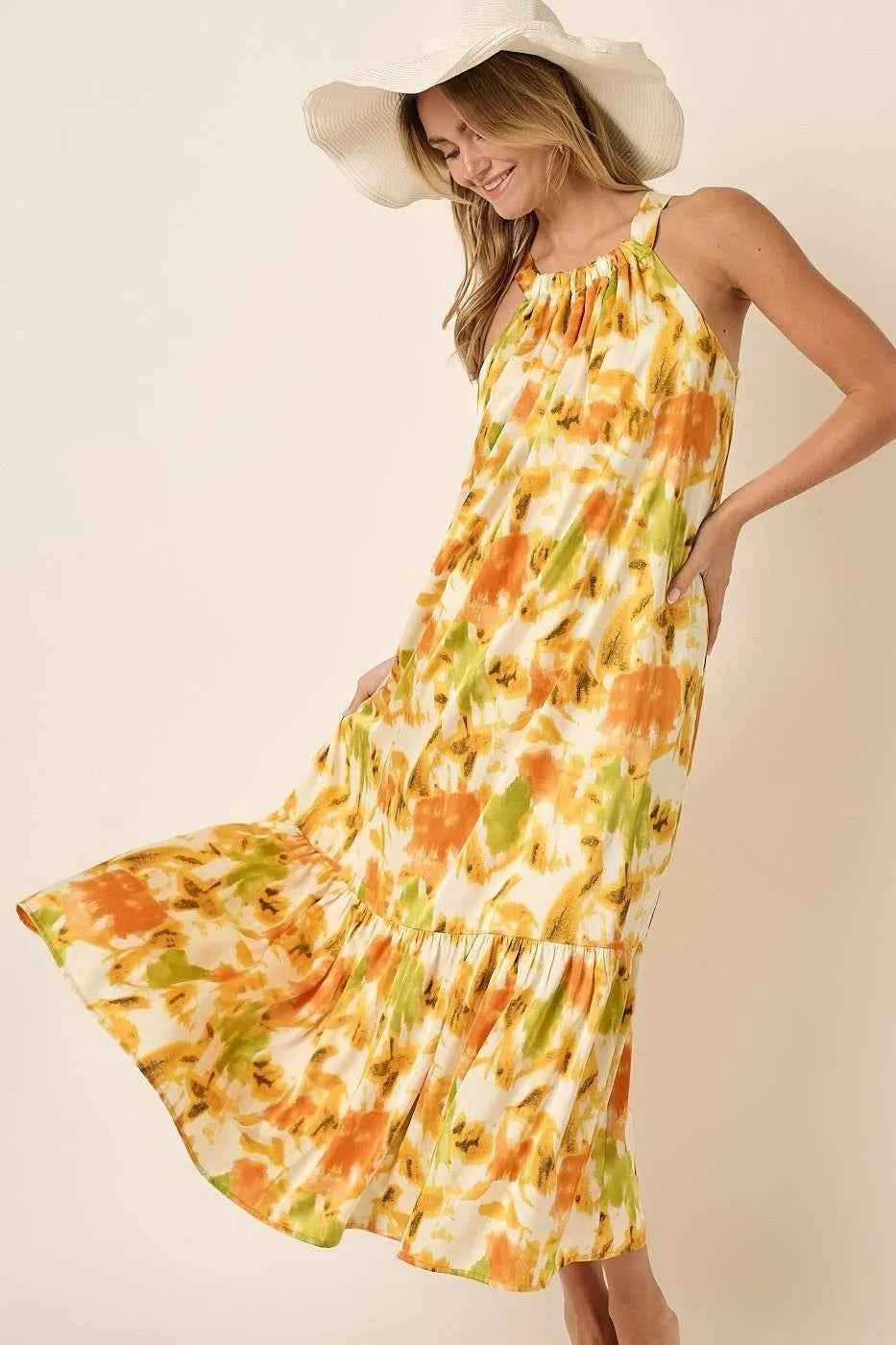 Mittoshop Watercolor Print Halter Neck Satin Maxi Dress