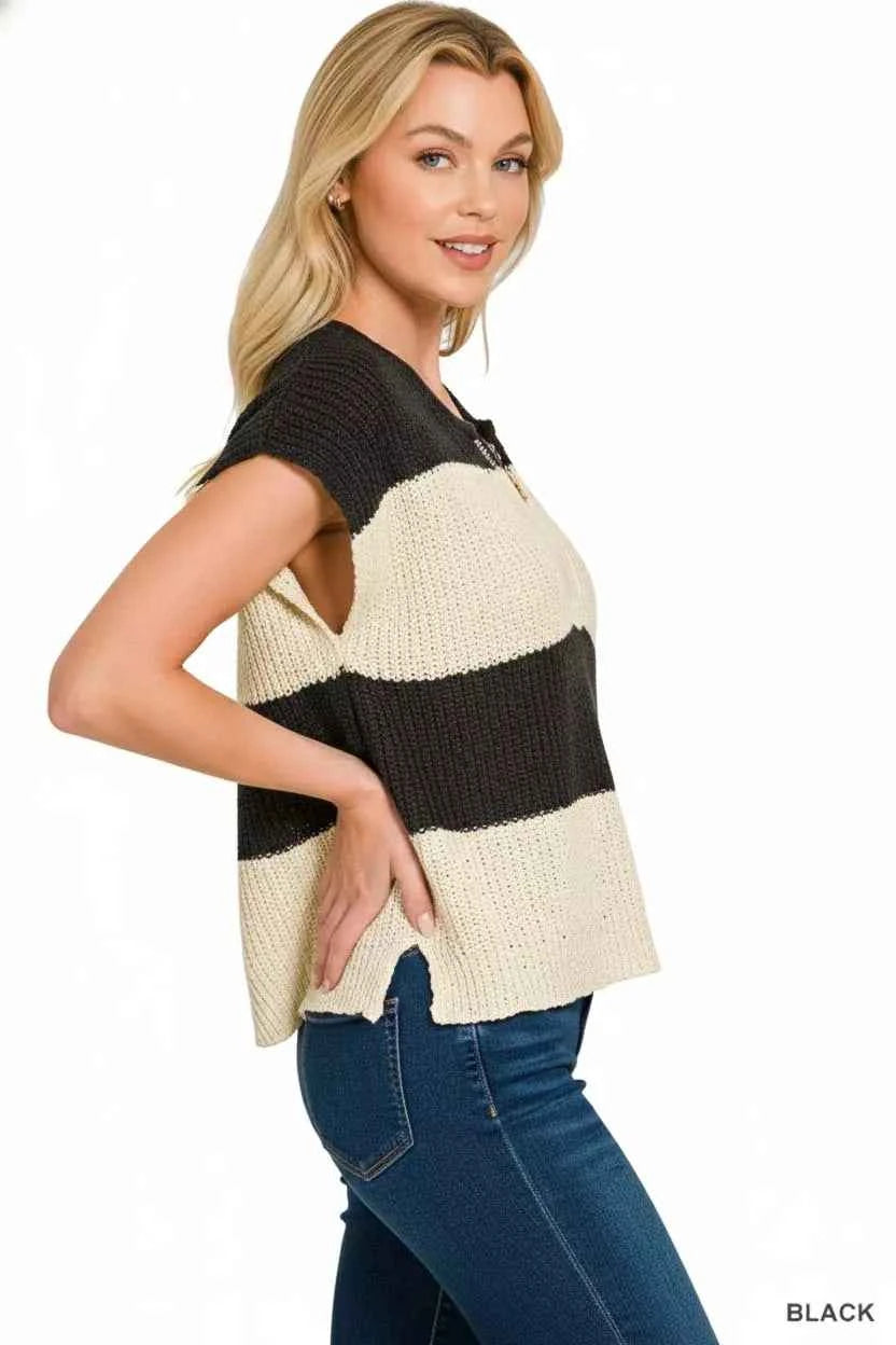 Zenana Split Neck Sleeveless Stripe Sweater