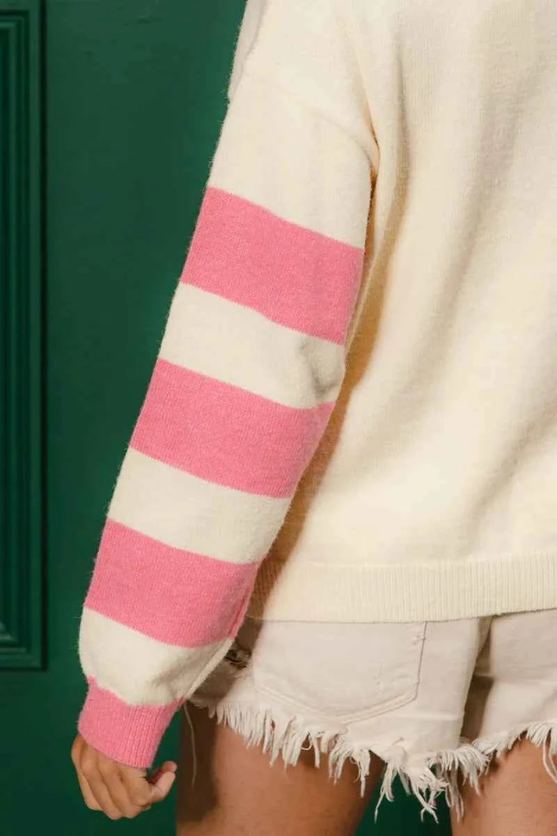 BiBi Colorful Floral Patched Sweater with Striped Sleeve