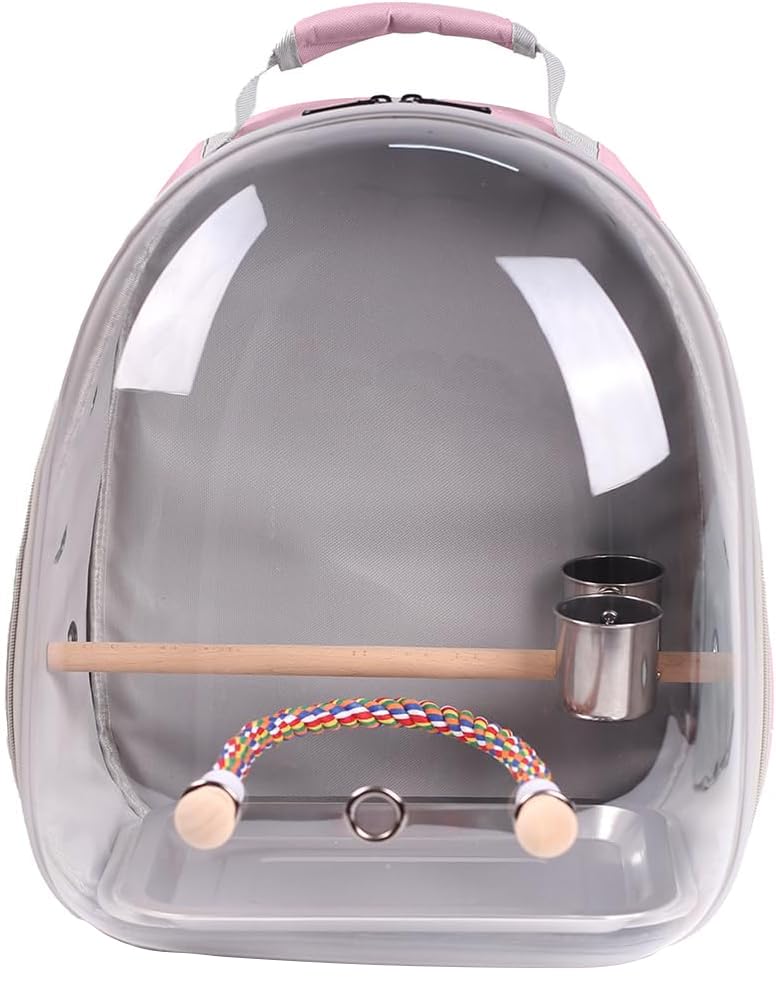 Bird Traval Carrier Cage, Clear Space Capsule Astronaut Backpack to Carry Parakeet Cockatiel Parrot with Metal Tray Wood Perch, Vet Transport School Bag