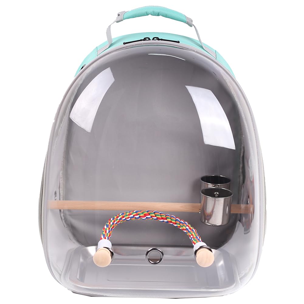 Bird Traval Carrier Cage, Clear Space Capsule Astronaut Backpack to Carry Parakeet Cockatiel Parrot with Metal Tray Wood Perch, Vet Transport School Bag