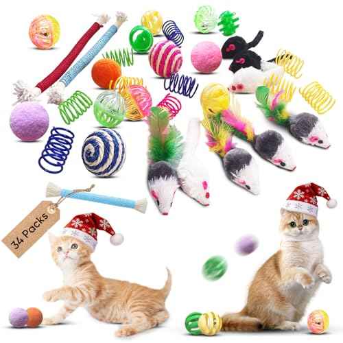 Cat Toys for Indoor Cats - 34 Packs Interactive Set with Colorful Springs, Mouse Toy, Catnip Ropes, Balls, Bells, and Sisal Ball for Kittens