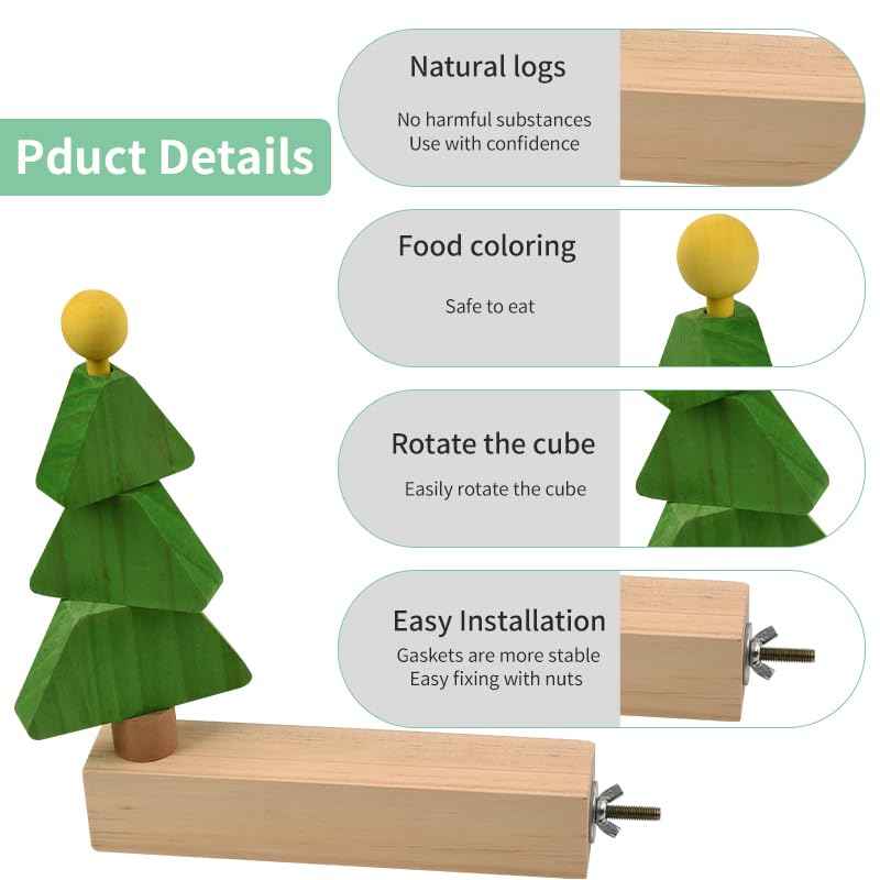 Bird toys & Bird Perch, Bird Wooden Block Chewing Toy Parrot Foraging & Puzzle Toys Bird Cage Accessories for Conures Parakeets Cockatiels Lovebirds African Grey Macaws (Revolving Christmas Tree)