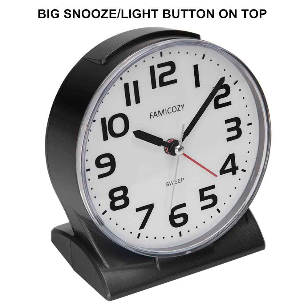 FAMICOZY 4.5" No Ticking Analog Alarm Clock,Silent Readable for Seniors,Easy to Set,Gradual Rise Alarm,Big Numbers,On/Off Switch on Side,Gentle Wake,Snooze Soft Backlight,Battery Operated,White