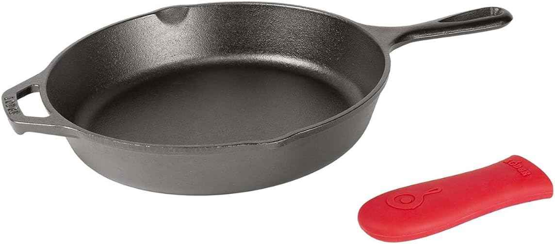 Lodge 12 Inch Cast Iron Skillet with Red Silicone Hot Handle Holder – Pre-Seasoned Frying Pan for Stove, Oven, Grill & Campfire – Made in the USA – Durable, Nonstick Cast Iron Cookware – Black