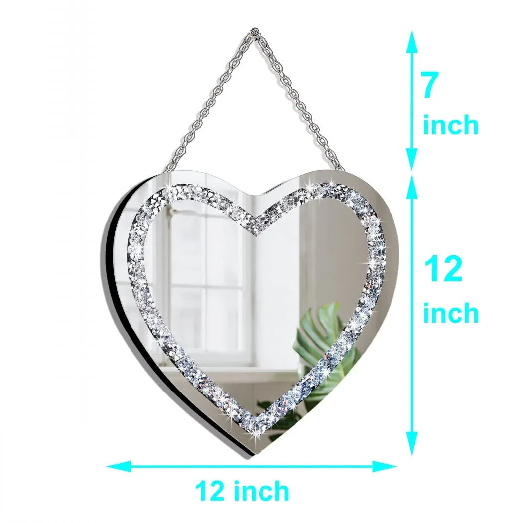 DMDFIRST Heart Shaped Silver Glass Mirror 2 Pack 12x12inch Crystal Crush Diamond Decor Chain Mirror for Wall Decoration - Jlhbookstore.store