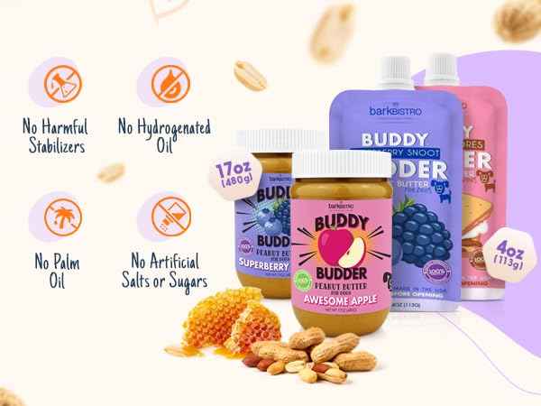 Pumpkin Pup Buddy BUDDER, 100% Natural Dog Peanut Butter, Healthy Peanut Butter Dog Treats, Made in USA, (17oz Jars)