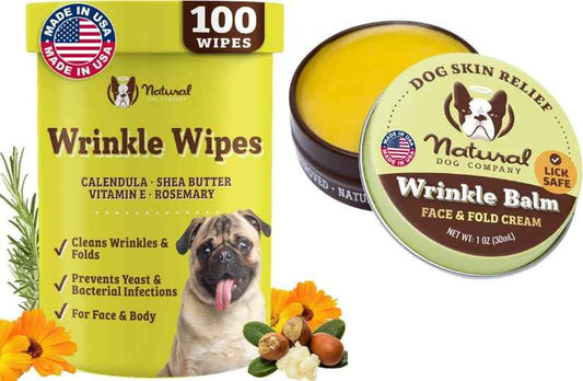 Natural Dog Company Wrinkle Wipes for Dogs, 100 Count, Hypoallergenic Dog Wipes, Wrinkle Wipes French Bulldog, Cleaning & Deodorizing, Dog Wipes for Grooming Faces, Paws & Butts