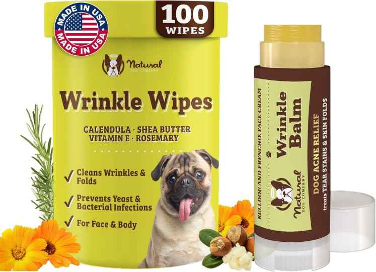 Natural Dog Company Wrinkle Wipes for Dogs, 100 Count, Hypoallergenic Dog Wipes, Wrinkle Wipes French Bulldog, Cleaning & Deodorizing, Dog Wipes for Grooming Faces, Paws & Butts