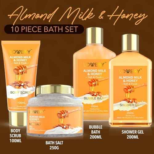 Christmas Gifts for Women Gift Basket for Women - 10 Pc Almond Milk & Honey Beauty & Personal Care Set - Home Bath Pampering Package for Relaxing - Spa Self Care Kit - Birthday, Mom, Anniversary Gift