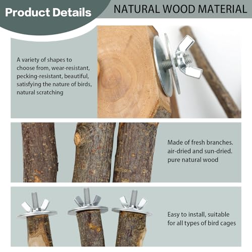 Natural Wood Bird Perches for Cage, Parrot Perch Stand & Platform, Bird Cage Accessories for Parakeets, Cockatiels, Conures, Lovebirds (Brown, Core Perch & Platform - 8PCS)