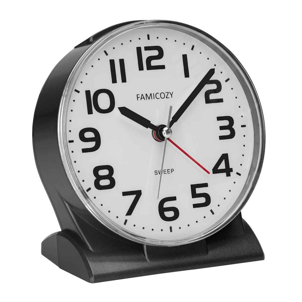 FAMICOZY 4.5" No Ticking Analog Alarm Clock,Silent Readable for Seniors,Easy to Set,Gradual Rise Alarm,Big Numbers,On/Off Switch on Side,Gentle Wake,Snooze Soft Backlight,Battery Operated,White