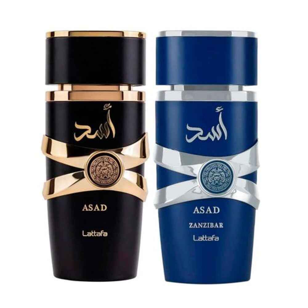 Lattafa Asad 5th Anniversary Edition – Spicy, Woody, Amber, Sweet – 2 Piece Eau de Parfum Gift Set for Men (Asad + Asad Zanzibar, 2 × 3.4 Ounce / 100 ml Sprays)