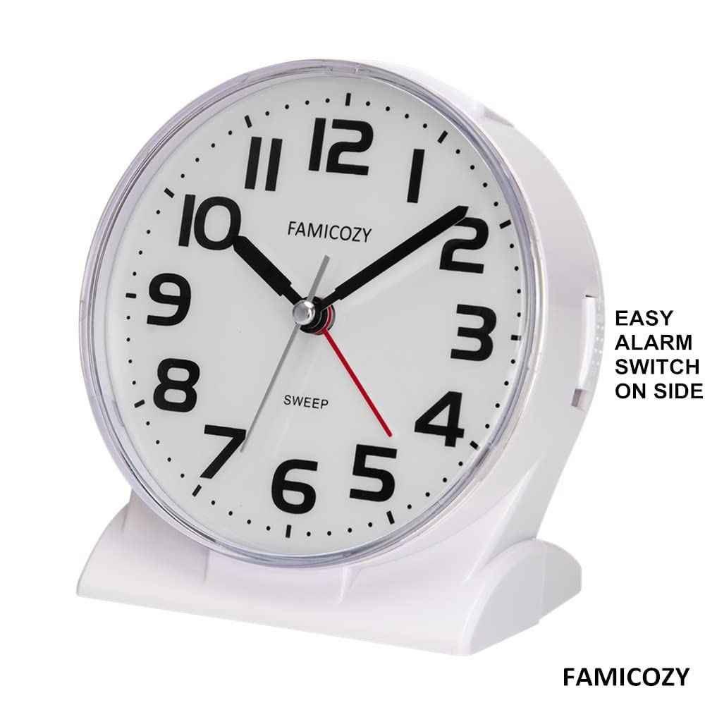 FAMICOZY 4.5" No Ticking Analog Alarm Clock,Silent Readable for Seniors,Easy to Set,Gradual Rise Alarm,Big Numbers,On/Off Switch on Side,Gentle Wake,Snooze Soft Backlight,Battery Operated,White
