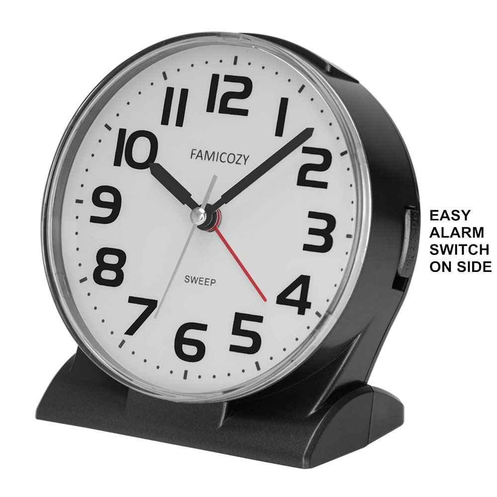 FAMICOZY 4.5" No Ticking Analog Alarm Clock,Silent Readable for Seniors,Easy to Set,Gradual Rise Alarm,Big Numbers,On/Off Switch on Side,Gentle Wake,Snooze Soft Backlight,Battery Operated,White