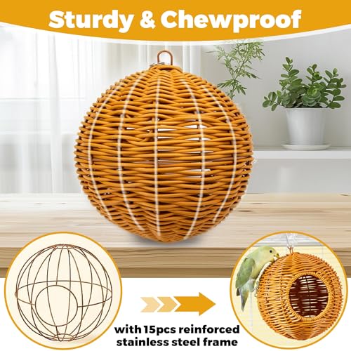 Chewproof Steel Frame Bird Nest for Cage, Washable Small Bird Bed Hammock Hideout Lay Eggs Parakeet Nest Sleep, Parakeet Warm Bed House Hut for Lovebird, Canary, Budgie, Finch (Brown)