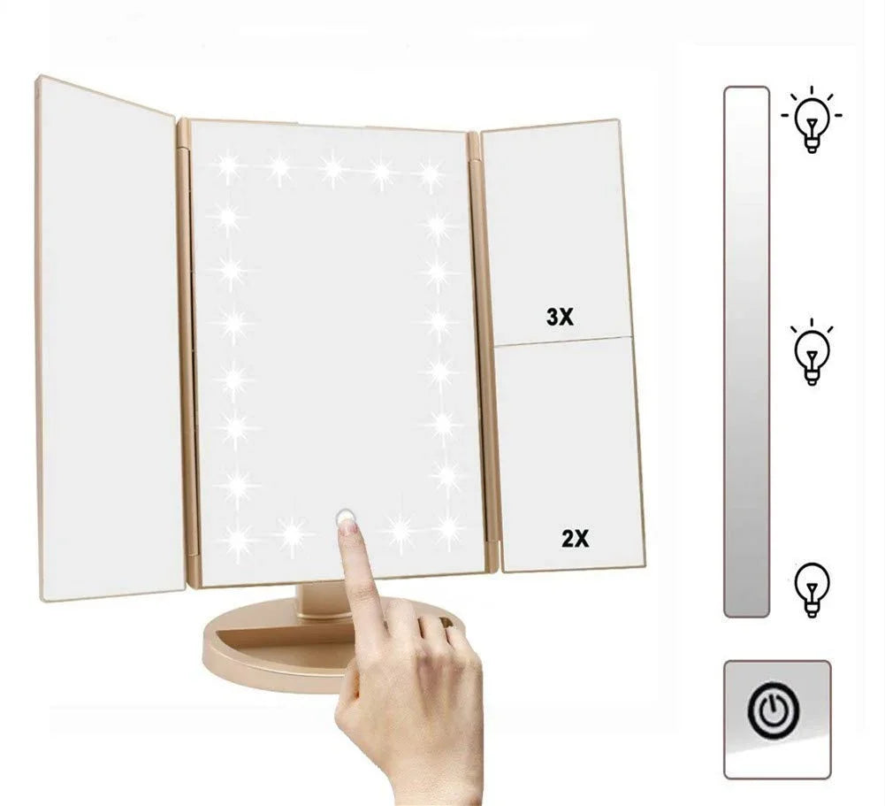 Trifold Makeup Mirror Vanity Mirror with Lights,1X 2X 3X Magnification,Touch Screen,180 Adjustable Rotation,Portable Travel Bathroom Cosmetic Mirror - Jlhbookstore.store