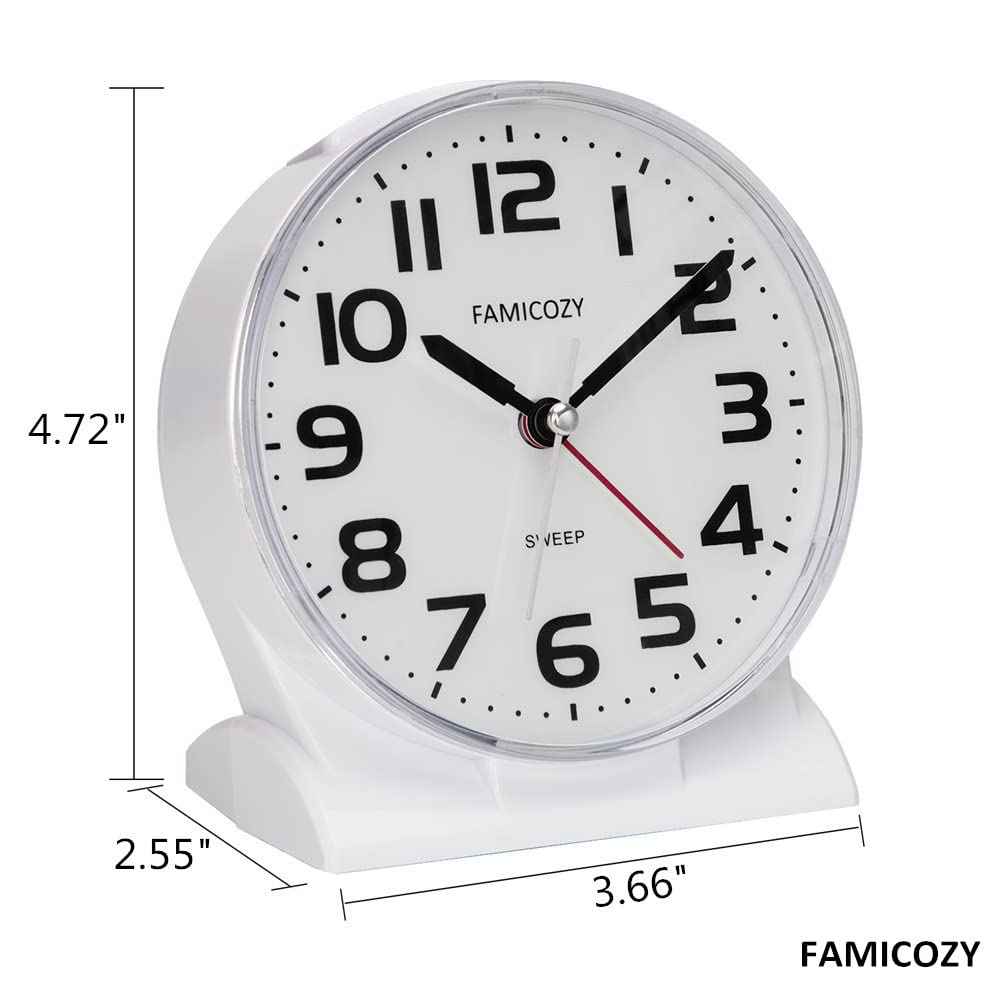 FAMICOZY 4.5" No Ticking Analog Alarm Clock,Silent Readable for Seniors,Easy to Set,Gradual Rise Alarm,Big Numbers,On/Off Switch on Side,Gentle Wake,Snooze Soft Backlight,Battery Operated,White