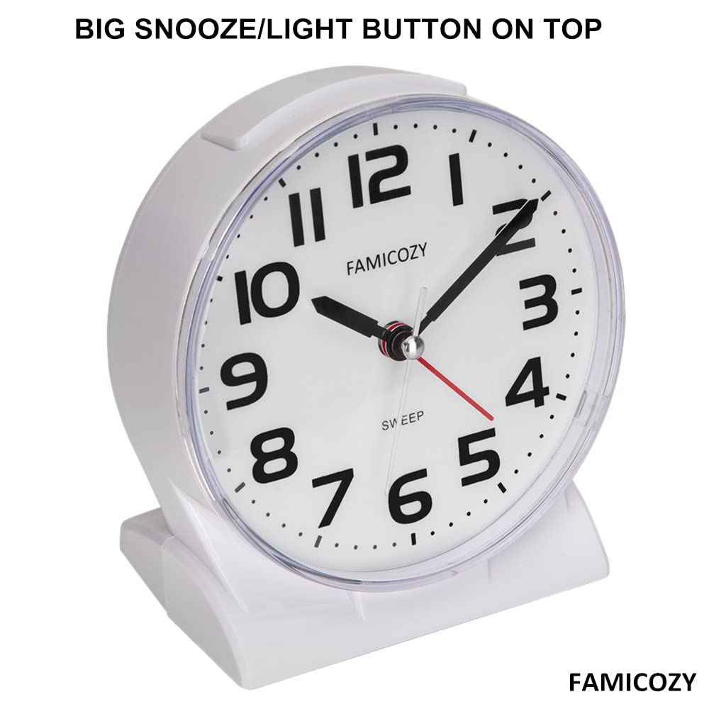 FAMICOZY 4.5" No Ticking Analog Alarm Clock,Silent Readable for Seniors,Easy to Set,Gradual Rise Alarm,Big Numbers,On/Off Switch on Side,Gentle Wake,Snooze Soft Backlight,Battery Operated,White