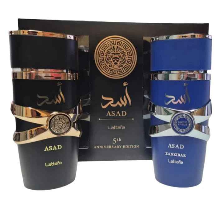Lattafa Asad 5th Anniversary Edition – Spicy, Woody, Amber, Sweet – 2 Piece Eau de Parfum Gift Set for Men (Asad + Asad Zanzibar, 2 × 3.4 Ounce / 100 ml Sprays)