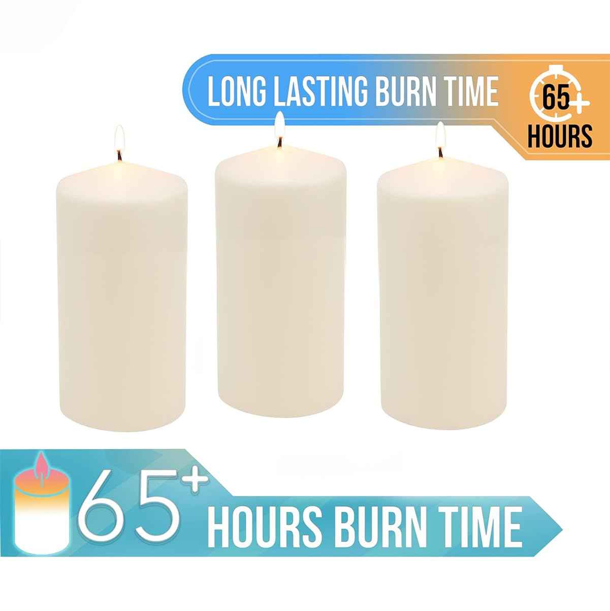 Stonebriar 6 Pack Tall 3 x 6 Inch 65 Hour Long Burning Unscented Ivory Wax Pillar Candles