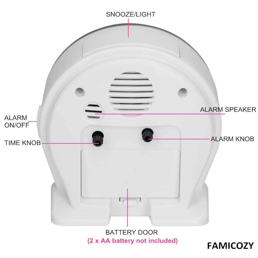 FAMICOZY 4.5" No Ticking Analog Alarm Clock,Silent Readable for Seniors,Easy to Set,Gradual Rise Alarm,Big Numbers,On/Off Switch on Side,Gentle Wake,Snooze Soft Backlight,Battery Operated,White