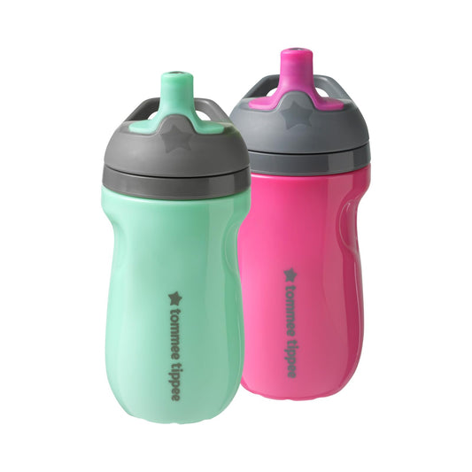 Tommee Tippee Insulated 9oz Sporty Spout Toddler Water Bottle, No Spill, Sippy Cups for Toddlers 1-3, Two-Piece Valve Helps Stop Spills, Lilac & Plum, BPA Free, Pack of 2