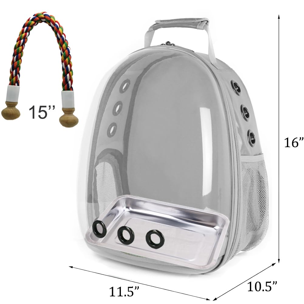 Bird Traval Carrier Cage, Clear Space Capsule Astronaut Backpack to Carry Parakeet Cockatiel Parrot with Metal Tray Wood Perch, Vet Transport School Bag