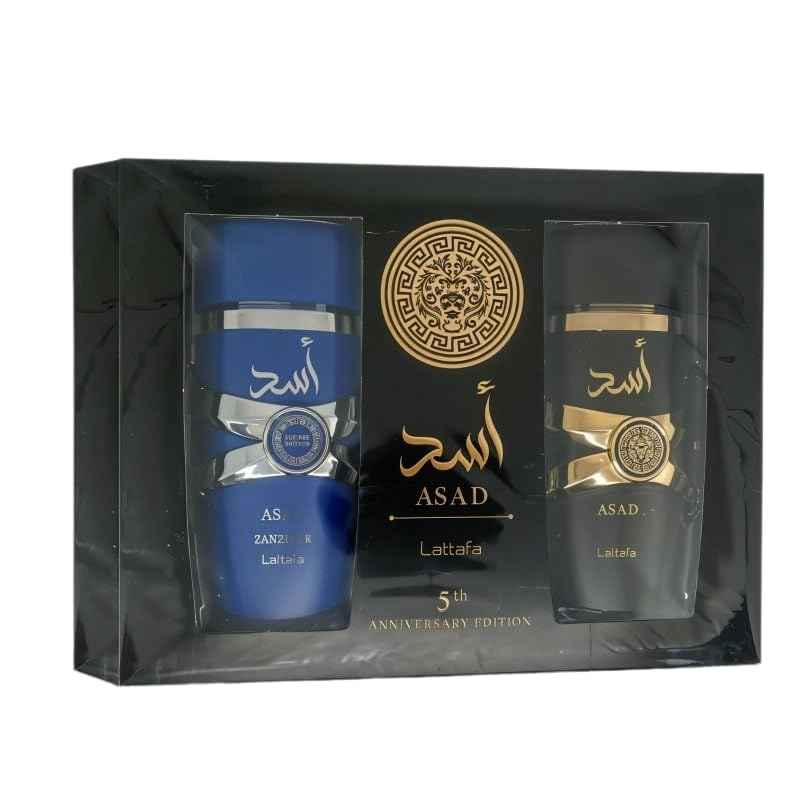 Lattafa Asad 5th Anniversary Edition – Spicy, Woody, Amber, Sweet – 2 Piece Eau de Parfum Gift Set for Men (Asad + Asad Zanzibar, 2 × 3.4 Ounce / 100 ml Sprays)