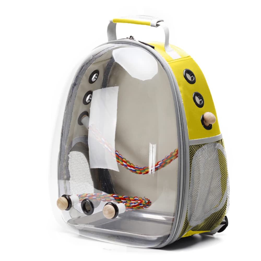 Bird Traval Carrier Cage, Clear Space Capsule Astronaut Backpack to Carry Parakeet Cockatiel Parrot with Metal Tray Wood Perch, Vet Transport School Bag