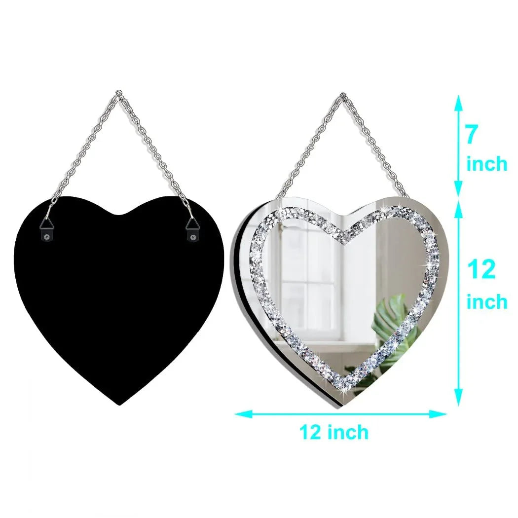 DMDFIRST Heart Shaped Silver Glass Mirror 2 Pack 12x12inch Crystal Crush Diamond Decor Chain Mirror for Wall Decoration - Jlhbookstore.store