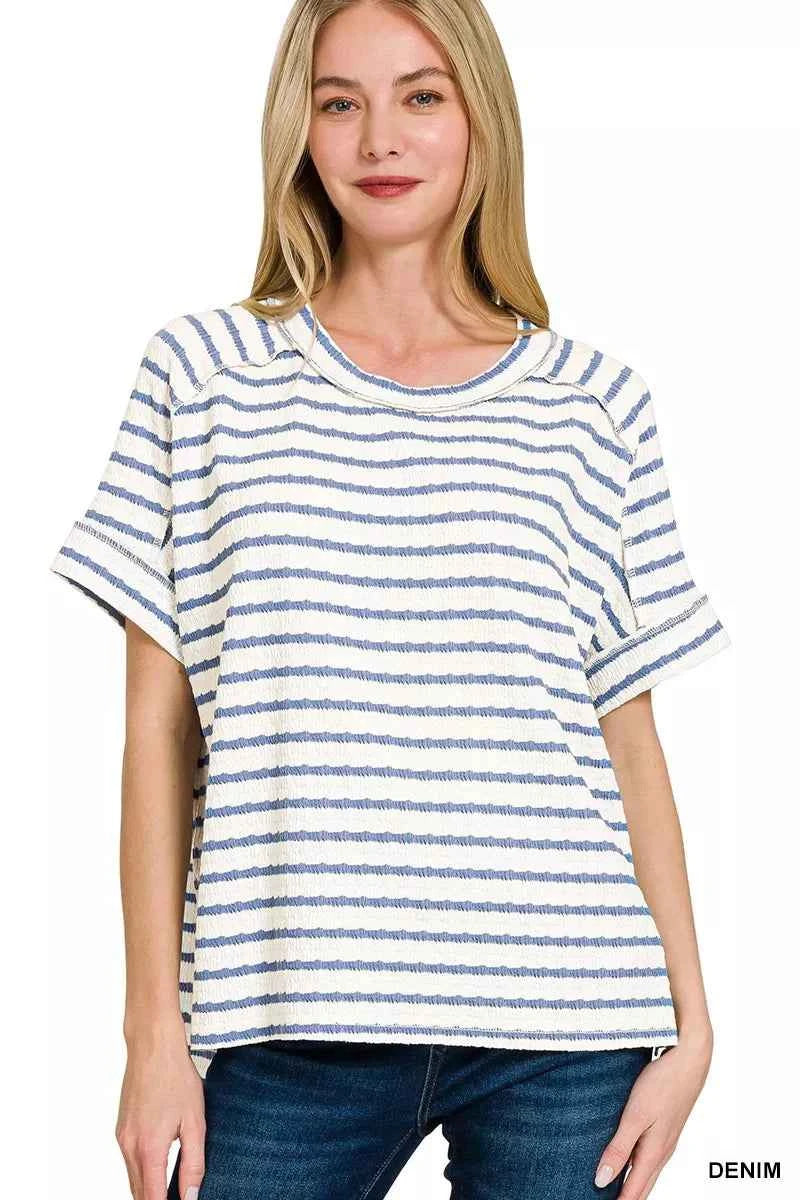 Zenana Stripe Jacquard Round-Meck Tee