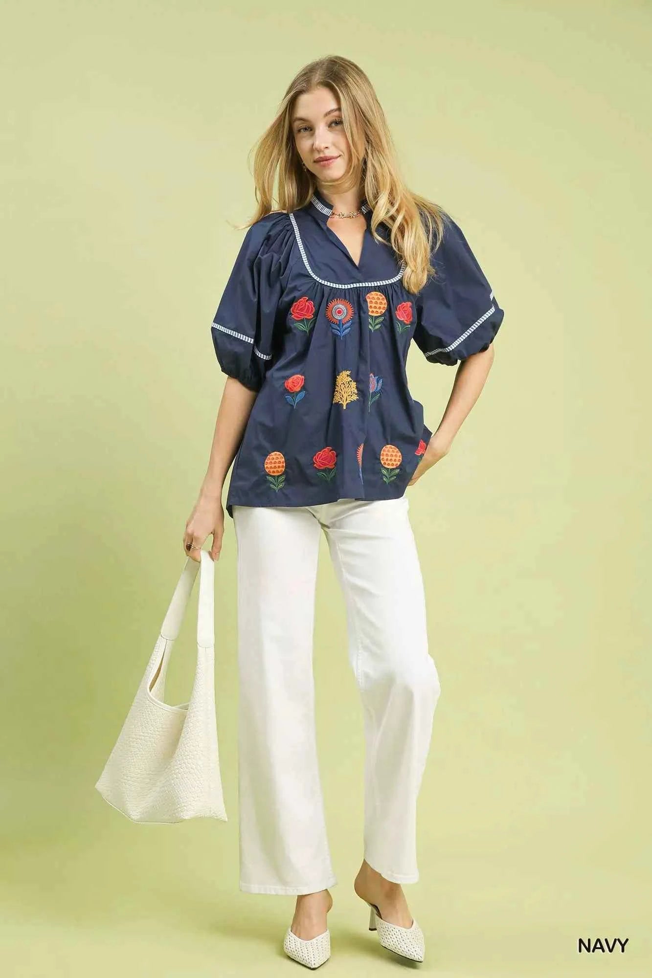 Umgee Embroidered Floral Puff Sleeve Top