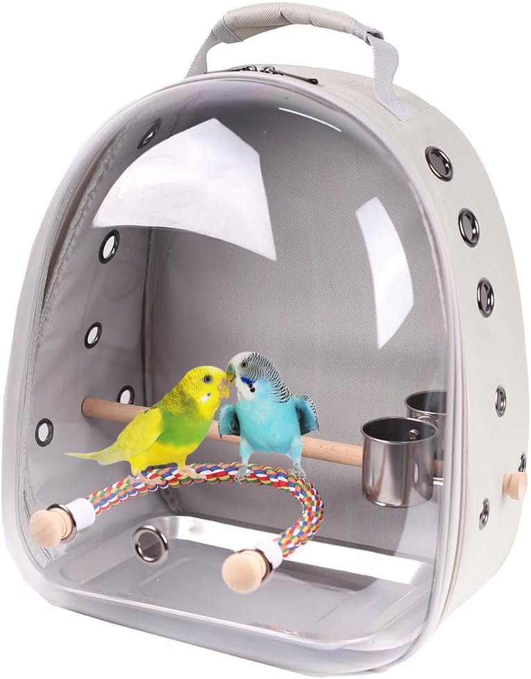 Bird Traval Carrier Cage, Clear Space Capsule Astronaut Backpack to Carry Parakeet Cockatiel Parrot with Metal Tray Wood Perch, Vet Transport School Bag