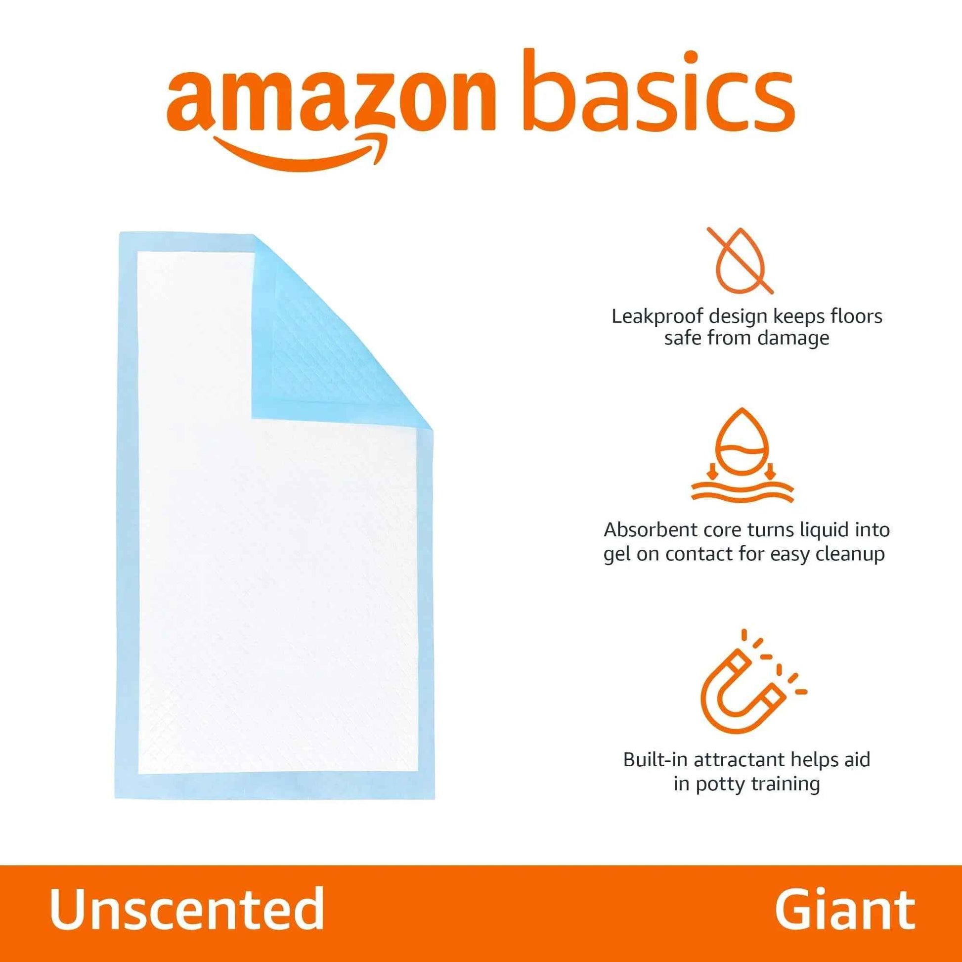 Amazon Basics Dog and Puppy Pee Pads, 5-Layer Leak-Proof Super Absorbent, Quick-Dry Surface, Potty Training, Regular (22x22"), 100 Count, Blue & White