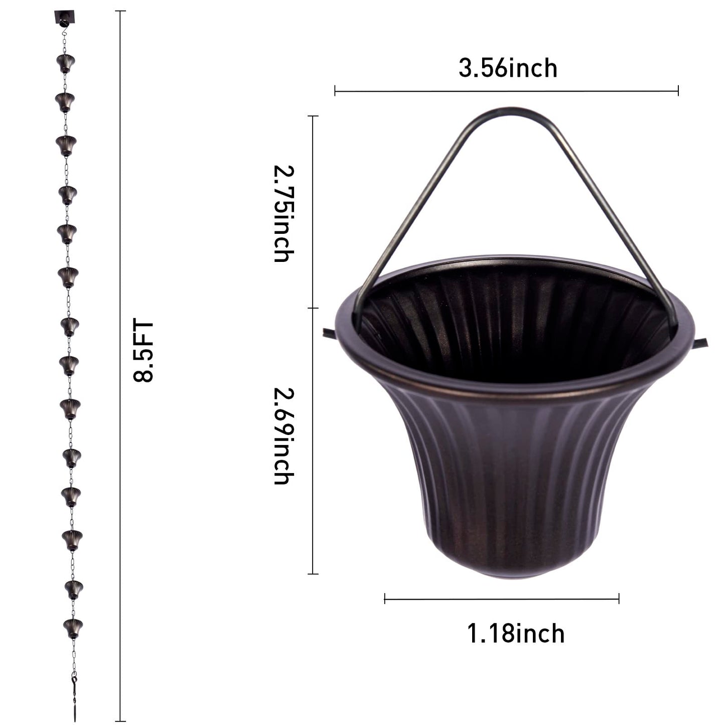 Rain Chain Bird Cage Set 8.5Ft, Not Rust Wrought Iron Rain Chains for Gutters with Adapter Gotta Drain and Sturdy Anchoring Stake,13 Cups, 1 Hook, Adjustable Length for Garden Decorative (Coffee)