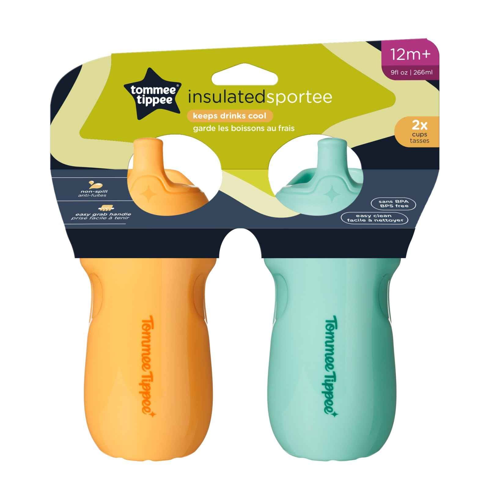Tommee Tippee Insulated 9oz Sporty Spout Toddler Water Bottle, No Spill, Sippy Cups for Toddlers 1-3, Two-Piece Valve Helps Stop Spills, Light Blue & Orange, BPA Free, Pack of 2