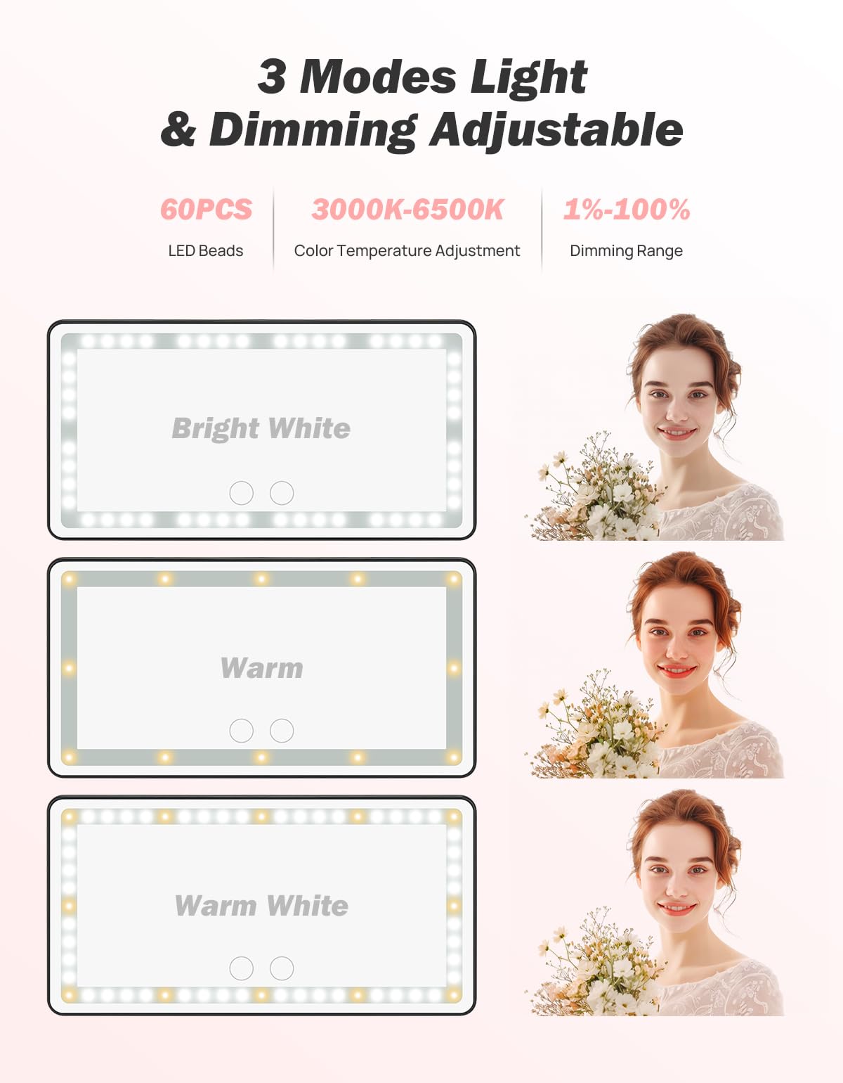 JOYTUTUS Car Sun Visor Vanity Mirror with Lights, 3 Light Modes & 60 LEDs, Rechargeable Dimmable Touch Control Travel Makeup Mirror for Truck SUV