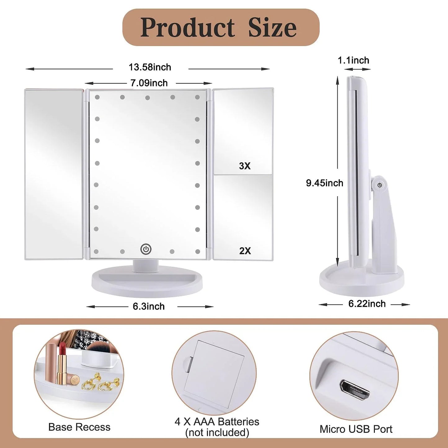 Trifold Makeup Mirror Vanity Mirror with Lights,1X 2X 3X Magnification,Touch Screen,180 Adjustable Rotation,Portable Travel Bathroom Cosmetic Mirror - Jlhbookstore.store