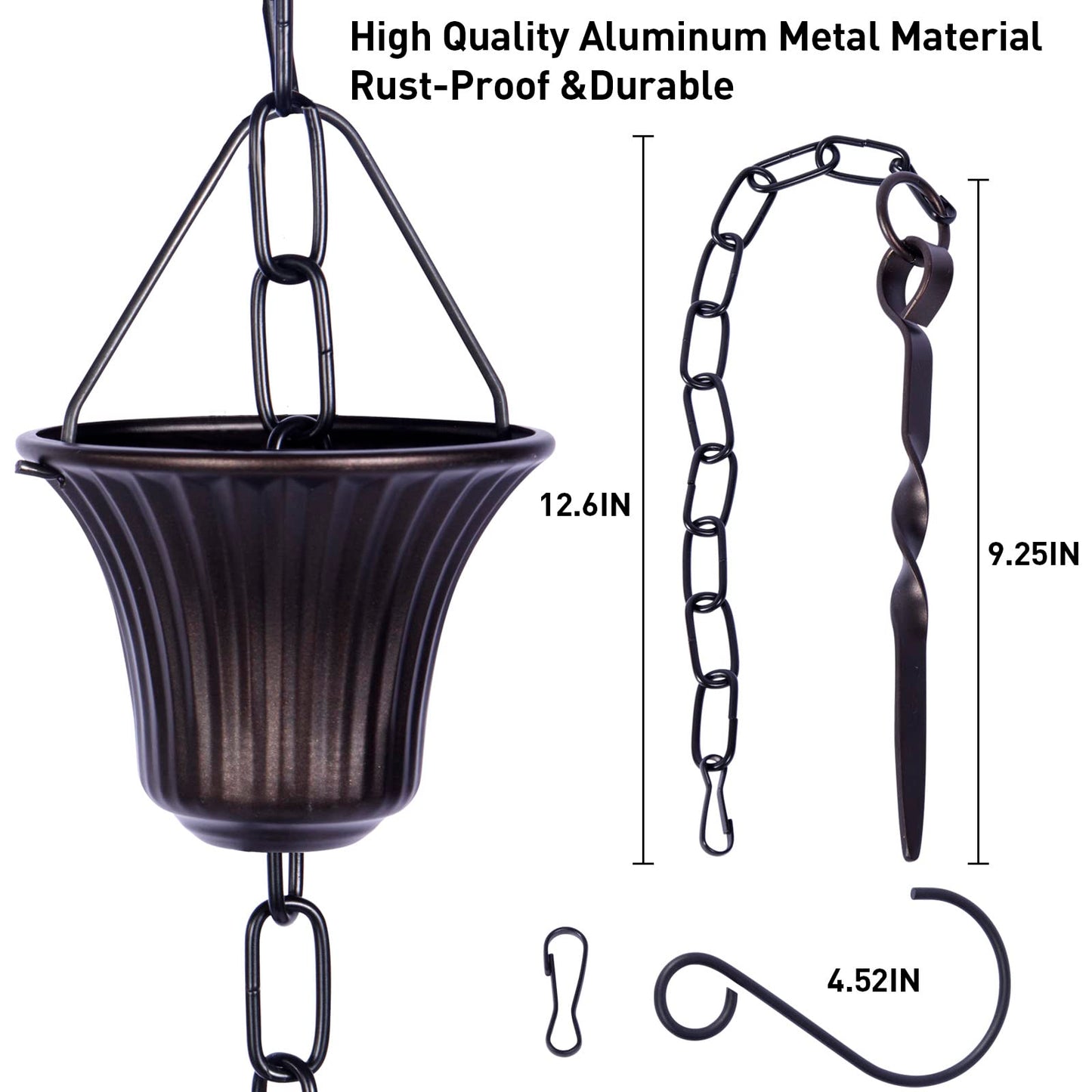 Rain Chain Bird Cage Set 8.5Ft, Not Rust Wrought Iron Rain Chains for Gutters with Adapter Gotta Drain and Sturdy Anchoring Stake,13 Cups, 1 Hook, Adjustable Length for Garden Decorative (Coffee)