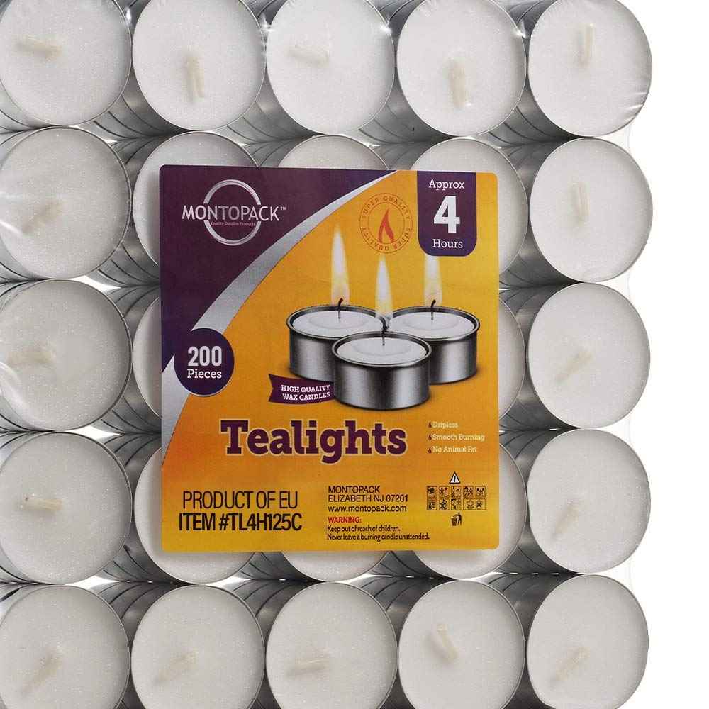 MontoPack Unscented Tea Light Candles 100 Pack | 4 hours, White, Smokeless, Dripless Small Votive Paraffin Tealights | Long-Lasting for Home, Shabbat, Weddings, Events, Emergencies | Mini Candles Bulk