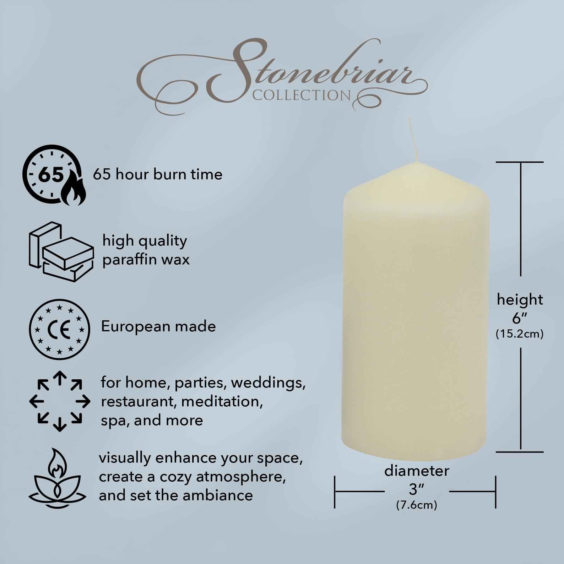Stonebriar 6 Pack Tall 3 x 6 Inch 65 Hour Long Burning Unscented Ivory Wax Pillar Candles