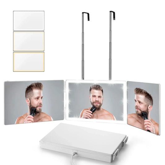 Vanexiss Rechargeable 3 Way Mirror for Hair Cutting, Real Glass Adjustable Trifold Mirror with 3 Color Temps LED Light & Telescoping Hooks for Makeup, Shaving & Styling - Jlhbookstore.store